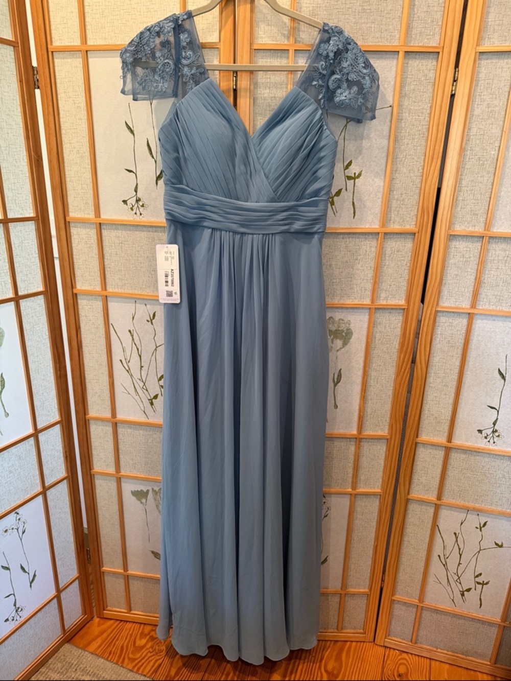 Azazie Dusty Blue Chiffon Maxi Dress with Lace Cap Sleeves
